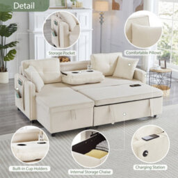 Btm L Shaped Pull Out Sofa Bed Reversible Sectional With Storage Chaise Table Cup Holders And Usb Ports Beige - thumbnail 9