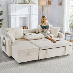 Btm L Shaped Pull Out Sofa Bed Reversible Sectional With Storage Chaise Table Cup Holders And Usb Ports Beige - thumbnail 8