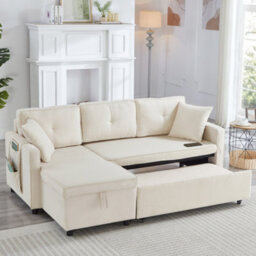 Btm L Shaped Pull Out Sofa Bed Reversible Sectional With Storage Chaise Table Cup Holders And Usb Ports Beige - thumbnail 2