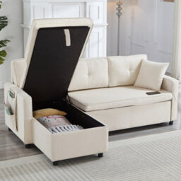 Btm L Shaped Pull Out Sofa Bed Reversible Sectional With Storage Chaise Table Cup Holders And Usb Ports Beige - thumbnail 6