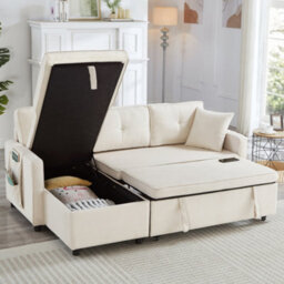 Btm L Shaped Pull Out Sofa Bed Reversible Sectional With Storage Chaise Table Cup Holders And Usb Ports Beige - thumbnail 3