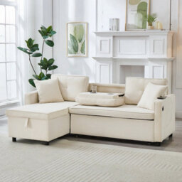 Btm L Shaped Pull Out Sofa Bed Reversible Sectional With Storage Chaise Table Cup Holders And Usb Ports Beige - thumbnail 5