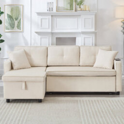 Btm L Shaped Pull Out Sofa Bed Reversible Sectional With Storage Chaise Table Cup Holders And Usb Ports Beige - thumbnail 7