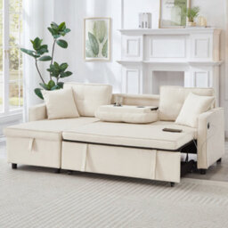 Btm L Shaped Pull Out Sofa Bed Reversible Sectional With Storage Chaise Table Cup Holders And Usb Ports Beige - thumbnail 4