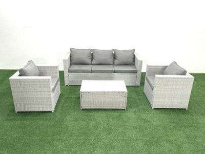 Fimous Rattan Garden Furniture Set 3 Seater Sofa 2 Chair Rectangular Coffee Table Light Grey 5 Seater - image 1