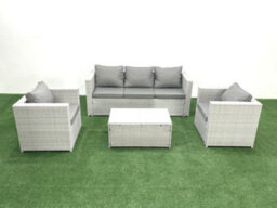 Fimous Rattan Garden Furniture Set 3 Seater Sofa 2 Chair Rectangular Coffee Table Light Grey 5 Seater - thumbnail 1