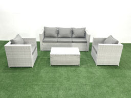 Fimous Rattan Garden Furniture Set 3 Seater Sofa 2 Chair Rectangular Coffee Table Light Grey 5 Seater - thumbnail 2