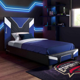 X Rocker X-Rocker Cerberus Gaming Bed, 3Ft Single Upholstered Bedstead Frame, Blue Black White With 90X190Cm Mattress Included - thumbnail 1