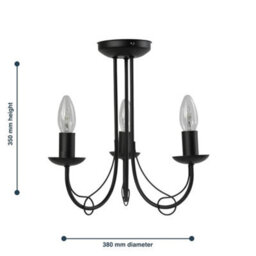 Modern Classic Matt Black 3 Arm Ceiling Light Fitting Chandelier Bedroom Lounge - thumbnail 2