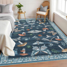 London Boutique 200X290Cm Mushroom Butterfly Area Rug, Washable Non-Slip Low Pile Carpet For Nursery, Bedroom, Living Room, Blue - thumbnail 2