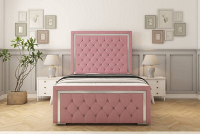 "Sloomy Sofia Chrome Pink Plush Bed Frame With 50"" Upholstered Headboard 3' Single" - image 1