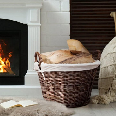 Large Round Brown Rustic Wicker Fireside Log Basket With Removable Washable Cotton Liner Holder - Fire161 - image 1