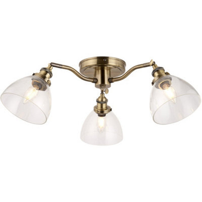 Loops Antique Brass Semi Flush Low Ceiling Light - Clear Multi Arm Glass - 3 X 7W Led E14 - image 1