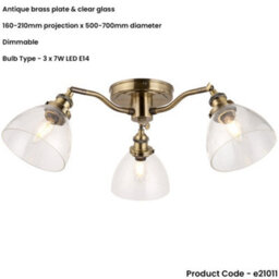 Loops Antique Brass Semi Flush Low Ceiling Light - Clear Multi Arm Glass - 3 X 7W Led E14 - thumbnail 2