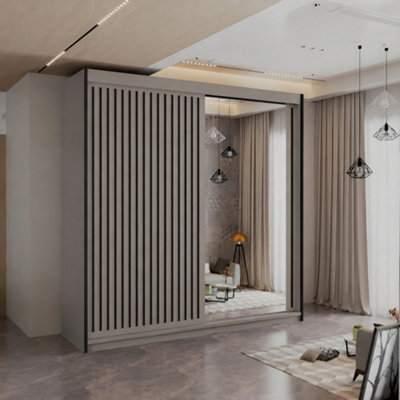M N Furniture Ltd M N Furniture Clay 2 Door Sliding Wardrobe With Black Strips Mirror And Led Light - W150Cm - image 1