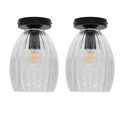 First Choice Lighting Set Of 2 Birch - Clear Fluted Glass Black Ceiling Light Fittings - image 1