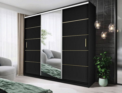 Fhif Ibiza Gold 250Cm Black Sliding Door Wardrobe Modern Bedroom Storage With Full Length Mirror Shelves And Hanging Rails - image 1