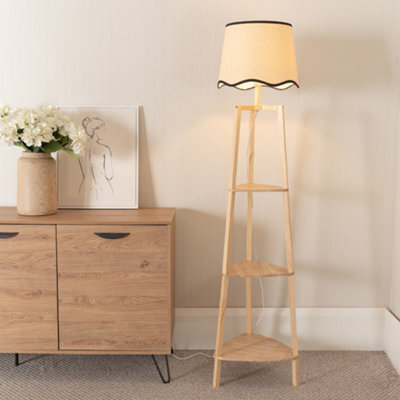 Valuelights Hiru Natural 3 Tier Shelf Floor Lamp With Black Trim Scallop Shade And Bulb - image 1