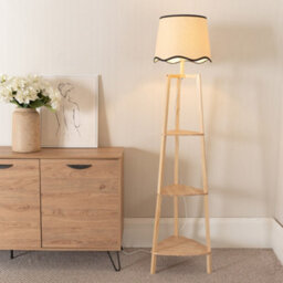 Valuelights Hiru Natural 3 Tier Shelf Floor Lamp With Black Trim Scallop Shade And Bulb - thumbnail 1