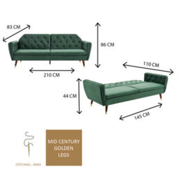 Bravich Victoria Sofa Bed 3 Seater Velvet Click Clack - Dark Green - thumbnail 8
