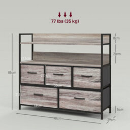 Homcom Bedroom Chest Of Drawers 5 Drawer Dresser W/ Shelves, Grey Wood Effect - thumbnail 3