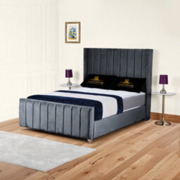 UKBEDFURNITURE Empire Wingback Steel Plush Valvet Upholstered Bed Frame Only - Slatted Base - 48 Inch Headboard