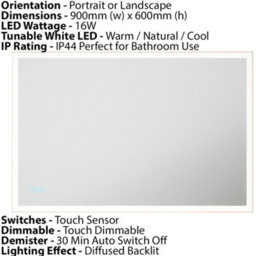 600 X 900mm Ip44 Led Bathroom Mirror With Demister - Adjustable White Light - thumbnail 2