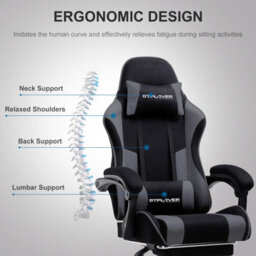 Gtplayer Fabric Gaming Chair, Massage Ergonomic Computer Chair With Footrest, Lumbar Support, Home Office Pc Racing Chairs, Grey - thumbnail 3