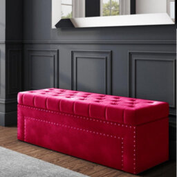 90Cm Duke Upholstered Tufted Plush Velvet Ottoman Storage Box, Red End Of Bed Blanket & Shoe Bench With Hinged Lid