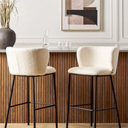 Wyld and Coco Boucle Bar Chairs Set Of 2 - White Boucle Upholstery, Black Powder-Coated Metal Legs, Curved Backrest - thumbnail 2
