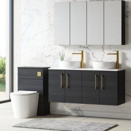 Nuie Arno Wall Hung 4-Door Vanity Unit With Laminate Worktop In Carrera Marble, Sleek Counter Top Vanity Unit In Charcoal Black - thumbnail 3
