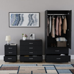 Lassic Vida Designs Riano 3 Piece Bedroom Set (3 Drawer Bedside Chest, 4 Drawer Chest, 2 Door 2 Drawer Wardrobe), Black - thumbnail 2