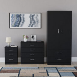 Lassic Vida Designs Riano 3 Piece Bedroom Set (3 Drawer Bedside Chest, 4 Drawer Chest, 2 Door 2 Drawer Wardrobe), Black - thumbnail 7