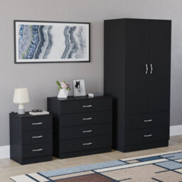 Lassic Vida Designs Riano 3 Piece Bedroom Set (3 Drawer Bedside Chest, 4 Drawer Chest, 2 Door 2 Drawer Wardrobe), Black - thumbnail 6
