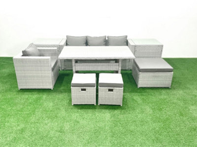 Fimous Rattan Garden Furniture Dining Set 7 Seater Lounge Sofa Chair Dining Table Set 3 Stools 2 Side Tables Light Grey - image 1