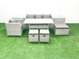 Fimous Rattan Garden Furniture Dining Set 7 Seater Lounge Sofa Chair Dining Table Set 3 Stools 2 Side Tables Light Grey - thumbnail 1
