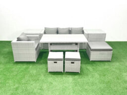 Fimous Rattan Garden Furniture Dining Set 7 Seater Lounge Sofa Chair Dining Table Set 3 Stools 2 Side Tables Light Grey - thumbnail 2