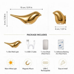 Amorly Gold Bird Wall Sconce, Rechargeable Motion Sensor Wireless Wall Light, For Bedroom, Hallway, Stairway, Entryway (Left Facing) - thumbnail 7