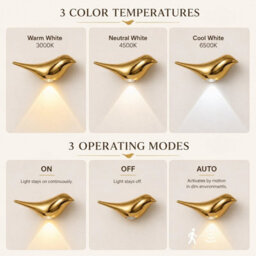 Amorly Gold Bird Wall Sconce, Rechargeable Motion Sensor Wireless Wall Light, For Bedroom, Hallway, Stairway, Entryway (Left Facing) - thumbnail 5