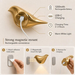 Amorly Gold Bird Wall Sconce, Rechargeable Motion Sensor Wireless Wall Light, For Bedroom, Hallway, Stairway, Entryway (Left Facing) - thumbnail 6