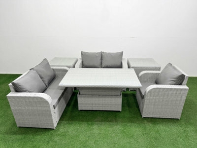 Fimous High Back Poly Rattan Garden Furniture Set Reclining Chair Loveseat Sofa Indoor Outdoor Set 2 Side Table Light Grey - image 1