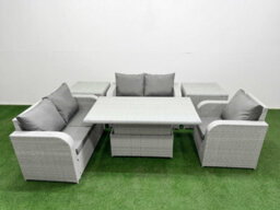 Fimous High Back Poly Rattan Garden Furniture Set Reclining Chair Loveseat Sofa Indoor Outdoor Set 2 Side Table Light Grey - thumbnail 1