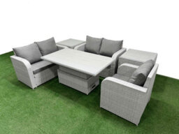 Fimous High Back Poly Rattan Garden Furniture Set Reclining Chair Loveseat Sofa Indoor Outdoor Set 2 Side Table Light Grey - thumbnail 2