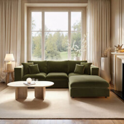Solace+Co Asher 4 Seater Sofa With Reversible Footstool Khaki Green Velvet
