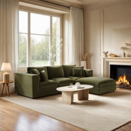 Solace+Co Asher 4 Seater Sofa With Reversible Footstool Khaki Green Velvet - thumbnail 2