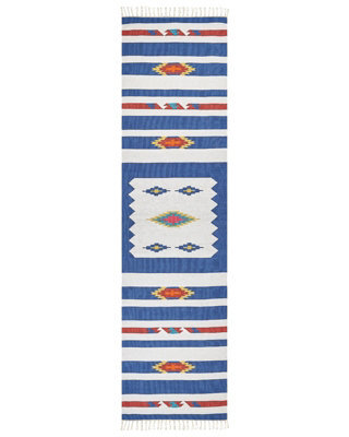 Beliani Handwoven Cotton Kilim Runner Rug Reversible 80 X 300 Cm - Blue White Geometric With Red Accents - image 1