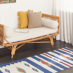 Beliani Handwoven Cotton Kilim Runner Rug Reversible 80 X 300 Cm - Blue White Geometric With Red Accents - thumbnail 2