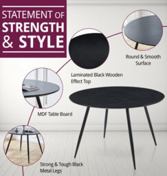 Hallowood Furniture Cullompton Large Round Black Dining Table 120Cm With 4 Grey High Back Chairs - thumbnail 4