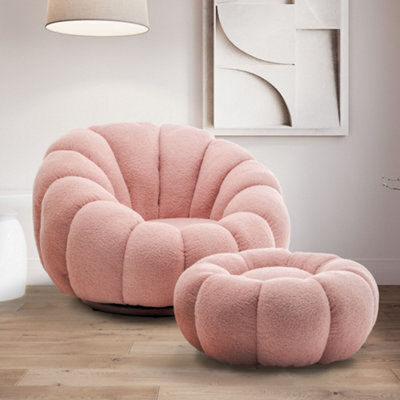 Teddy Boucle Fabric Pink Swivel Accent Chair With Footstool - image 1