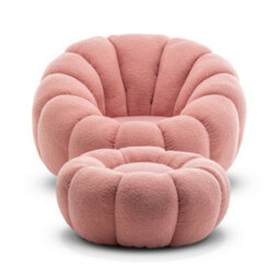 Teddy Boucle Fabric Pink Swivel Accent Chair With Footstool - thumbnail 4